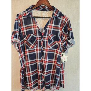 Womens RNB‎ Plaid Button-Up Lace Accented Shirt Navy/Red Size 2X
